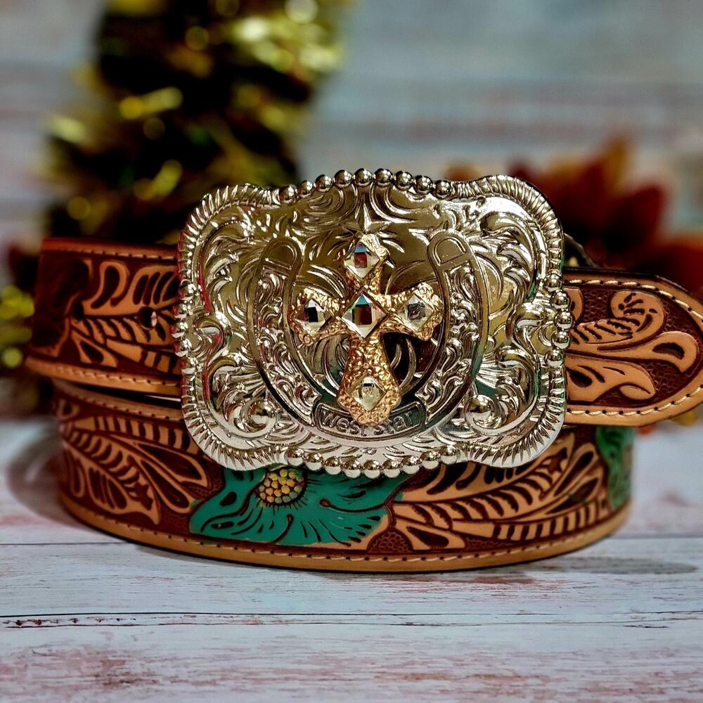 WOMEN'S WESTERN GENUINE LEATHER BELT, COWGIRL HANDCRAFTED W CROSS BUCKLE MEDIU